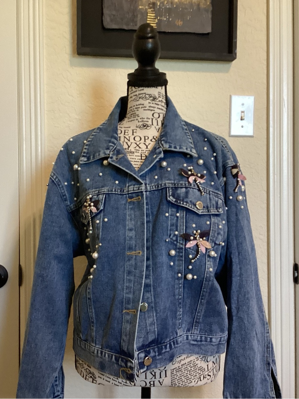Embellished Blue Denim Jacket with Pearls & Floral Accents